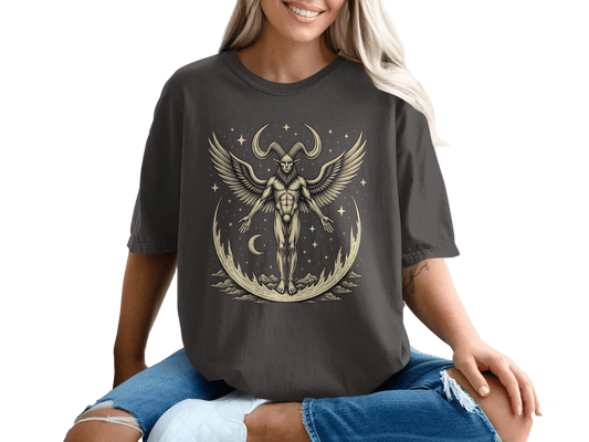 Winged Horned Figure On Crescent Moon Design Graphic T-Shirt - IconVexa