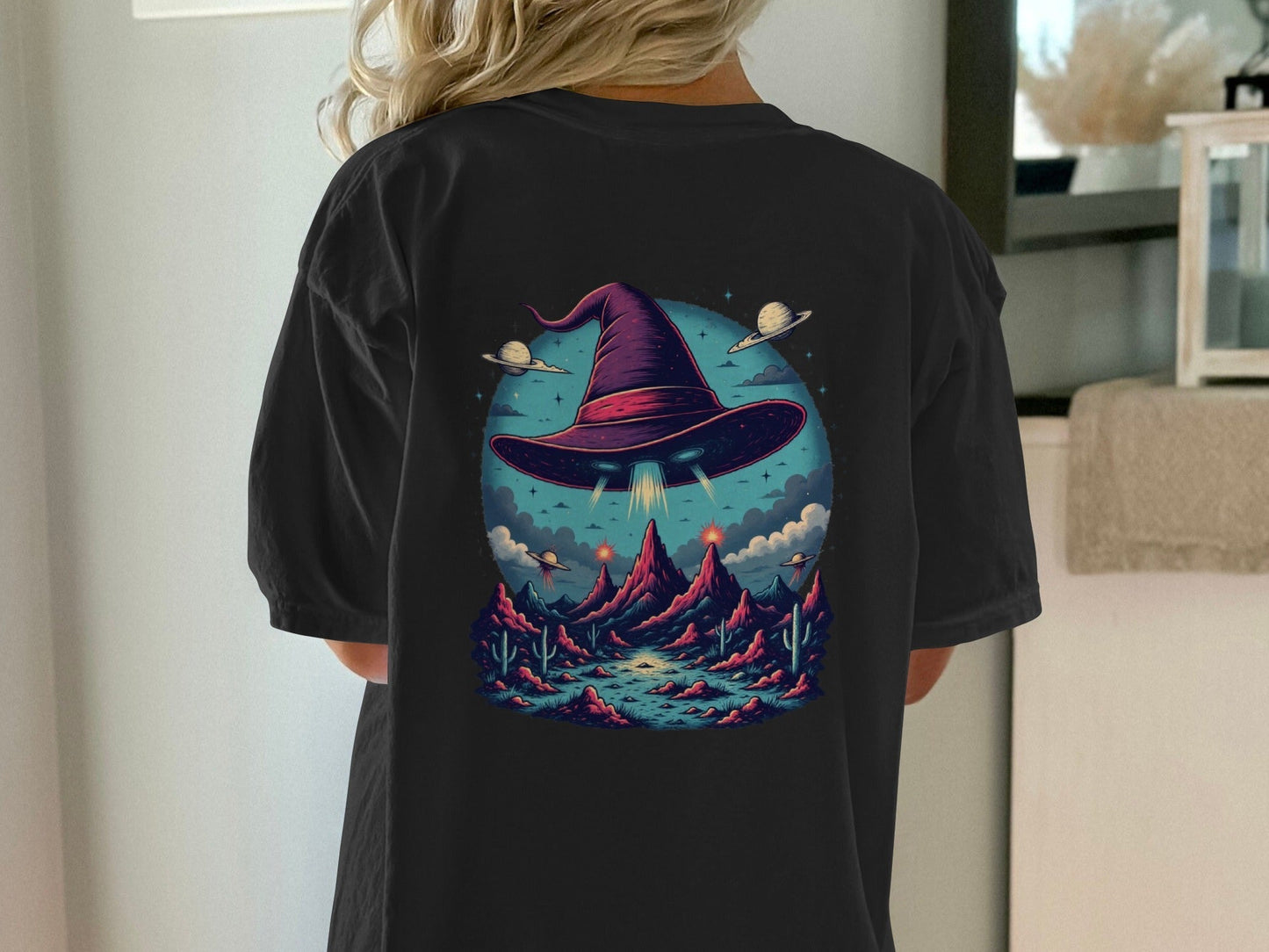 Witch Hat Abduction Over Alien Desert Scene Design T-Shirt - IconVexa