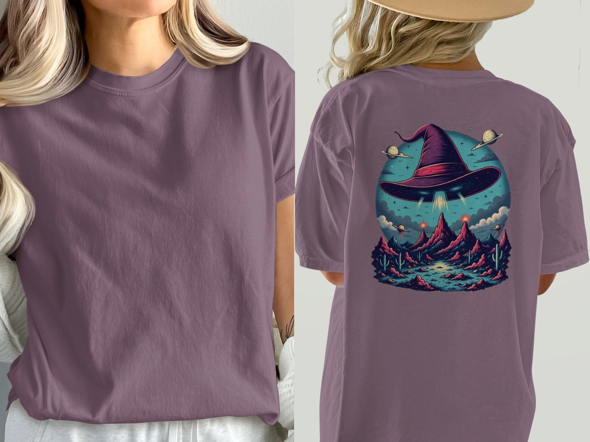 Witch Hat Abduction Over Alien Desert Scene Design T-Shirt - IconVexa