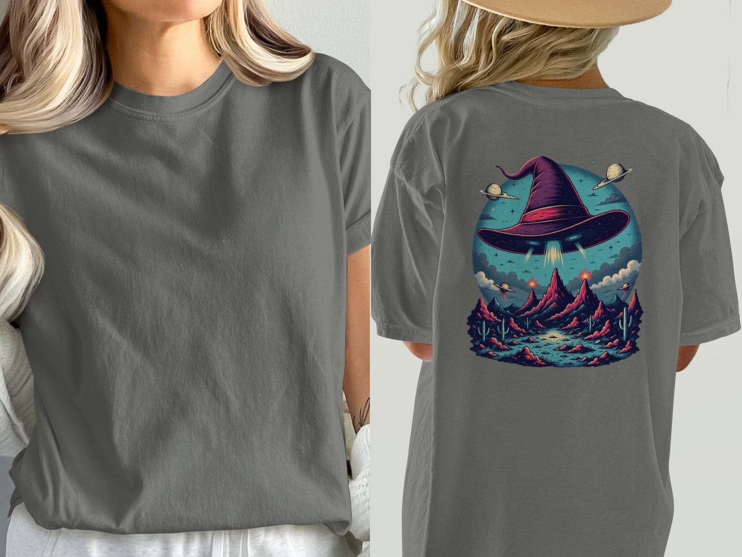 Witch Hat Abduction Over Alien Desert Scene Design T-Shirt - IconVexa