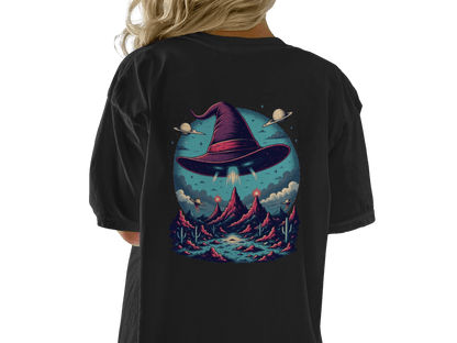 Witch Hat Abduction Over Alien Desert Scene Design T-Shirt - IconVexa