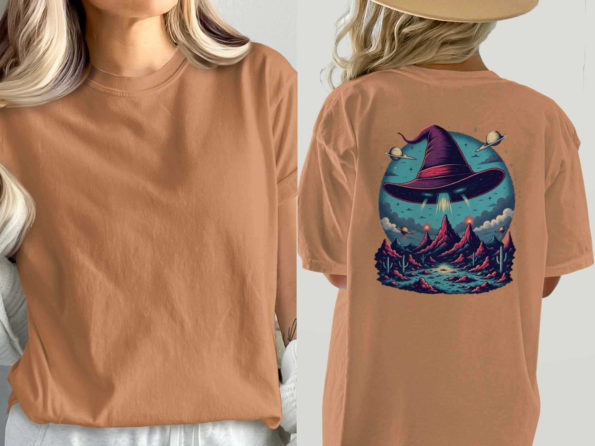 Witch Hat Abduction Over Alien Desert Scene Design T-Shirt - IconVexa