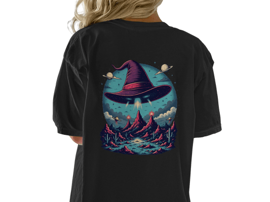 Witch Hat Abduction Over Alien Desert Scene Design T-Shirt - IconVexa