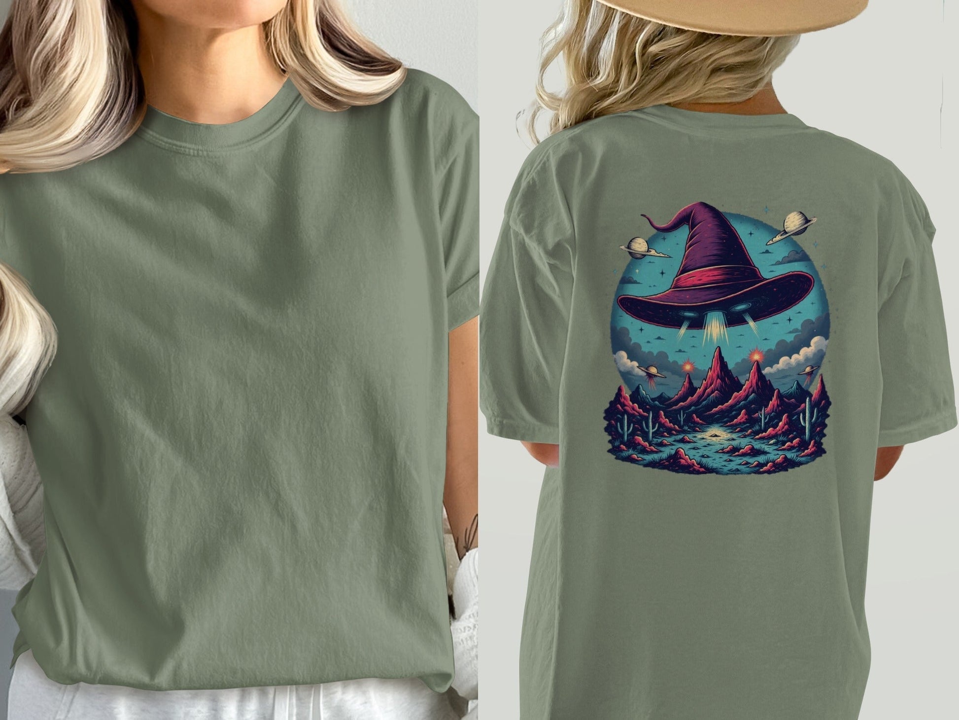 Witch Hat Abduction Over Alien Desert Scene Design T-Shirt - IconVexa