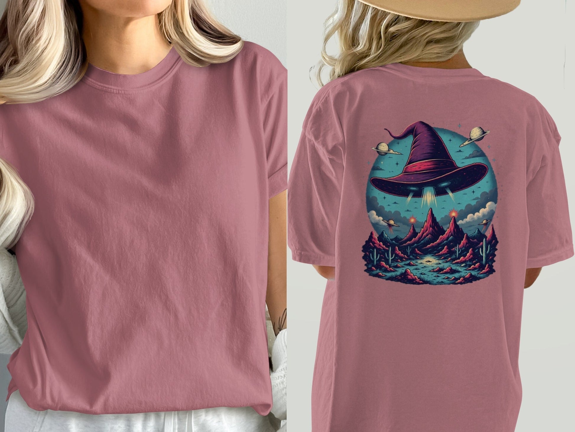 Witch Hat Abduction Over Alien Desert Scene Design T-Shirt - IconVexa