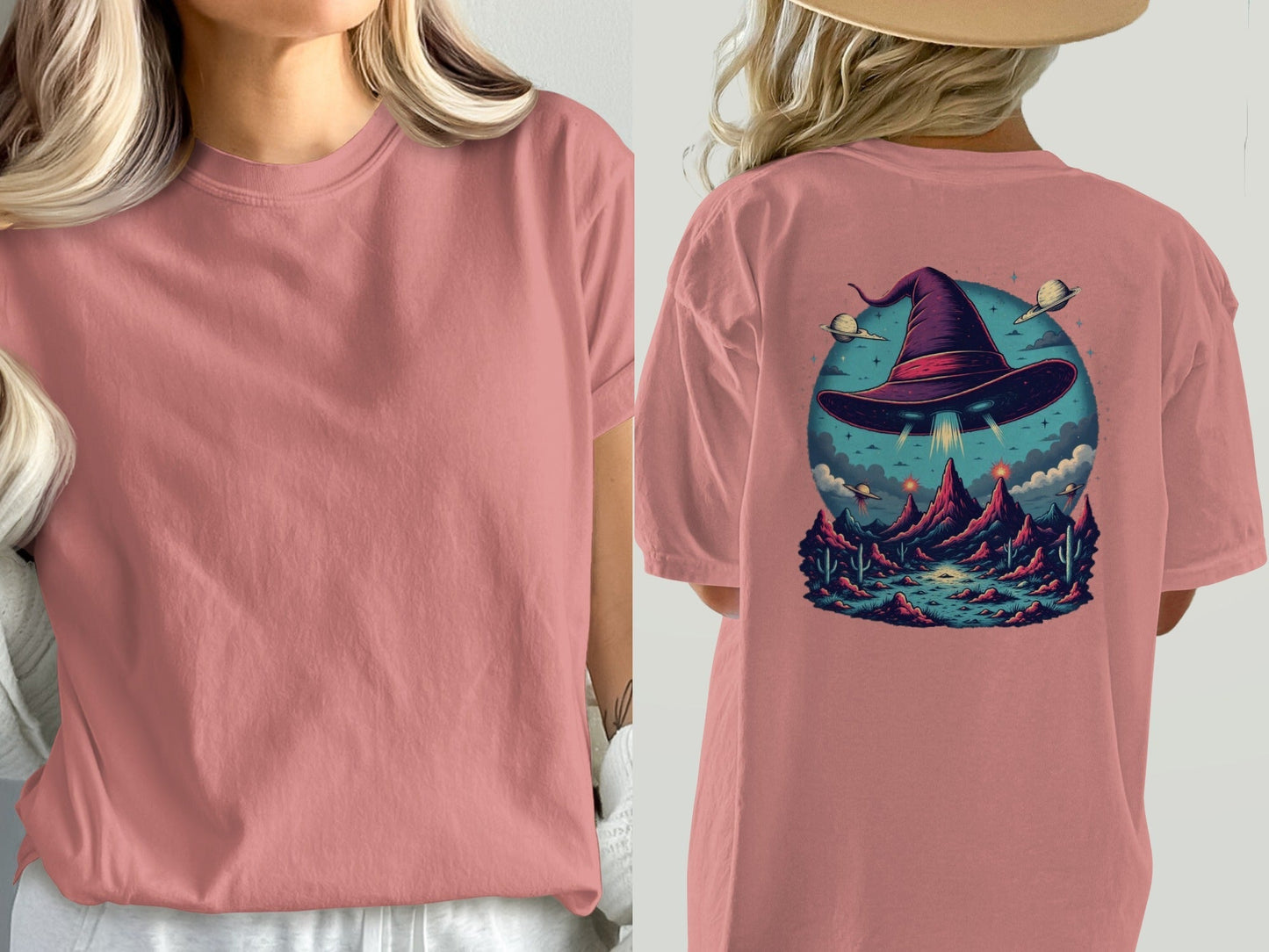 Witch Hat Abduction Over Alien Desert Scene Design T-Shirt - IconVexa