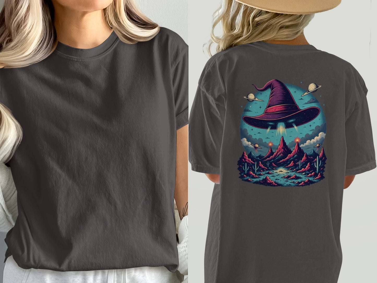Witch Hat Abduction Over Alien Desert Scene Design T-Shirt - IconVexa