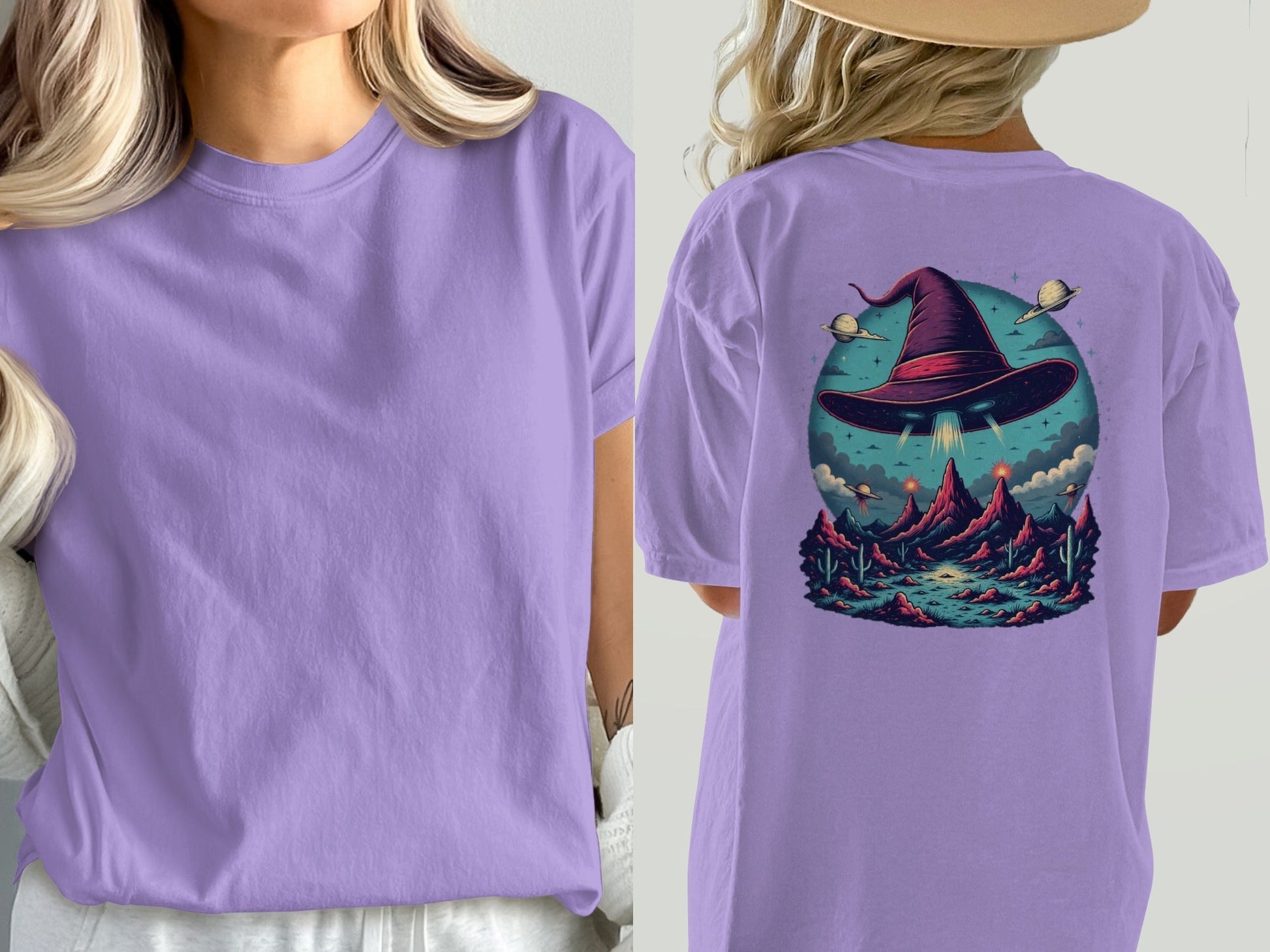 Witch Hat Abduction Over Alien Desert Scene Design T-Shirt - IconVexa
