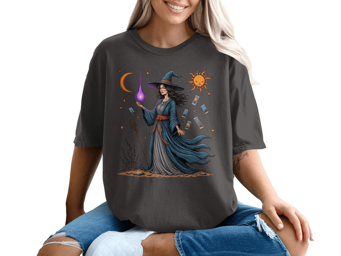 Witch Tarot Cards Sun Moon and Stars Graphic Art T-Shirt - IconVexa