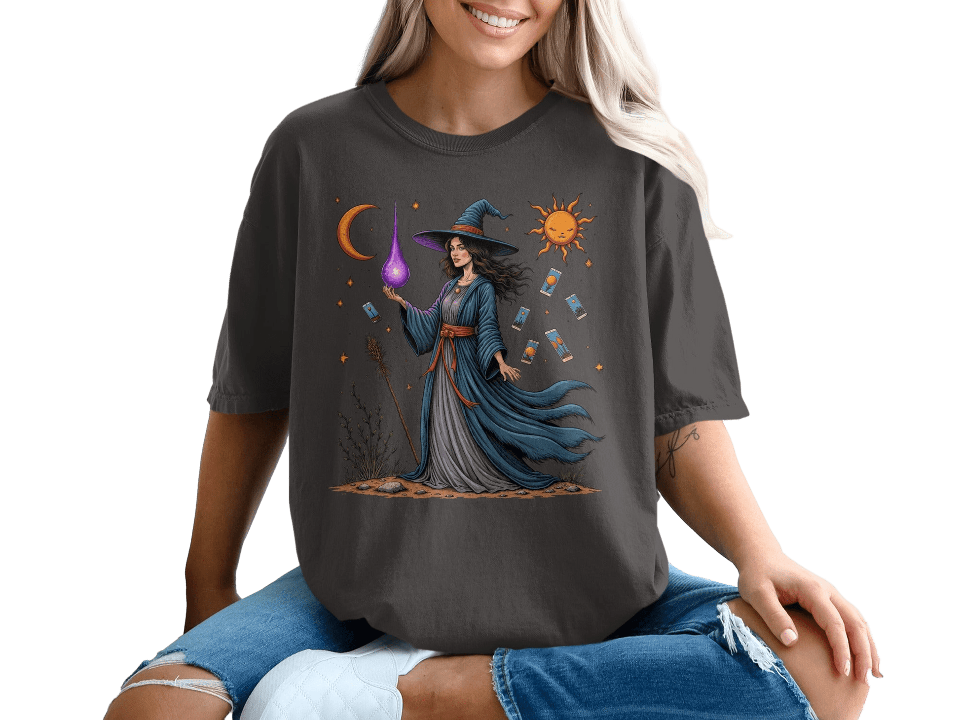 Witch Tarot Cards Sun Moon and Stars Graphic Art T-Shirt - IconVexa