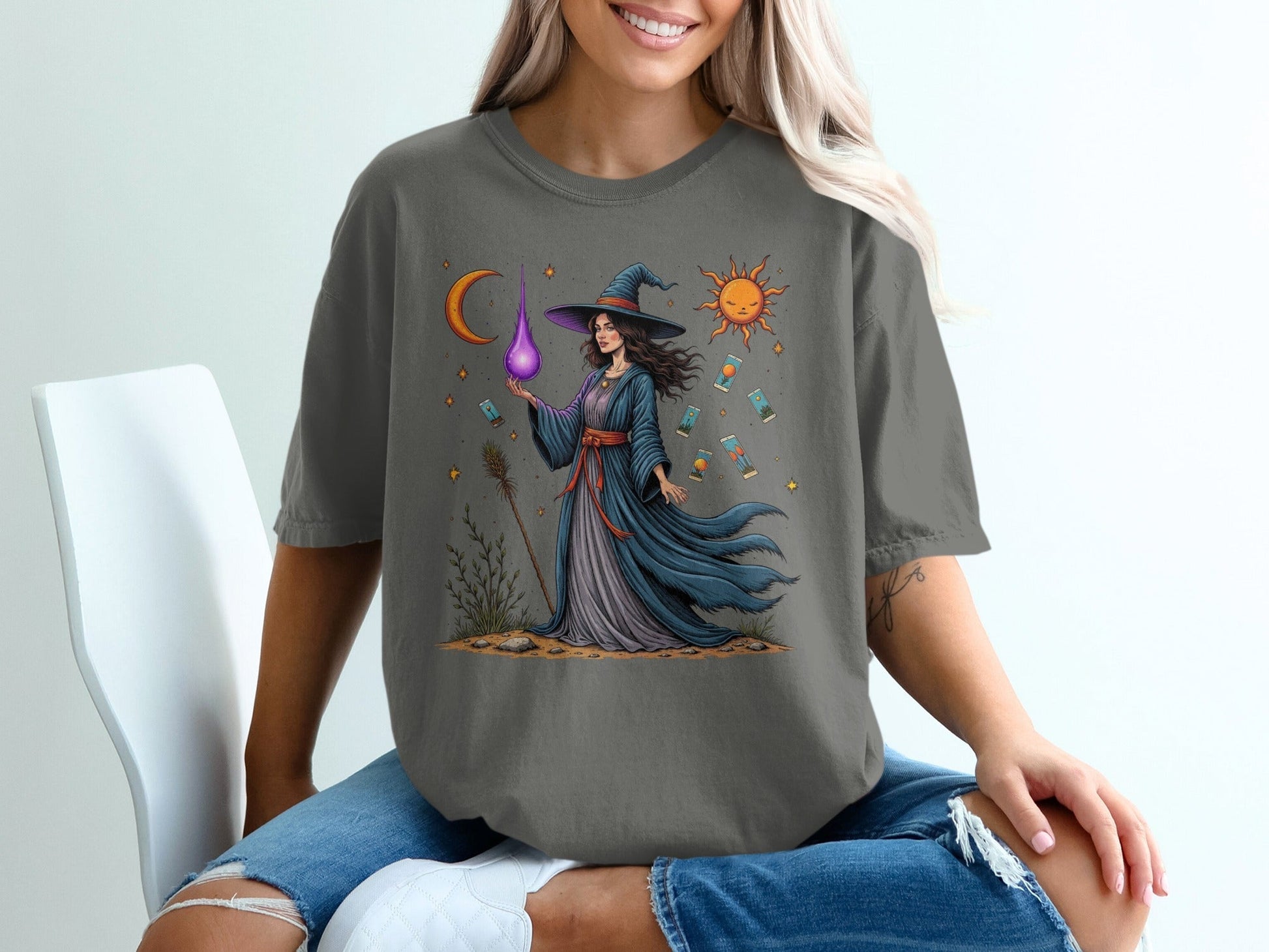 Witch Tarot Cards Sun Moon and Stars Graphic Art T-Shirt - IconVexa