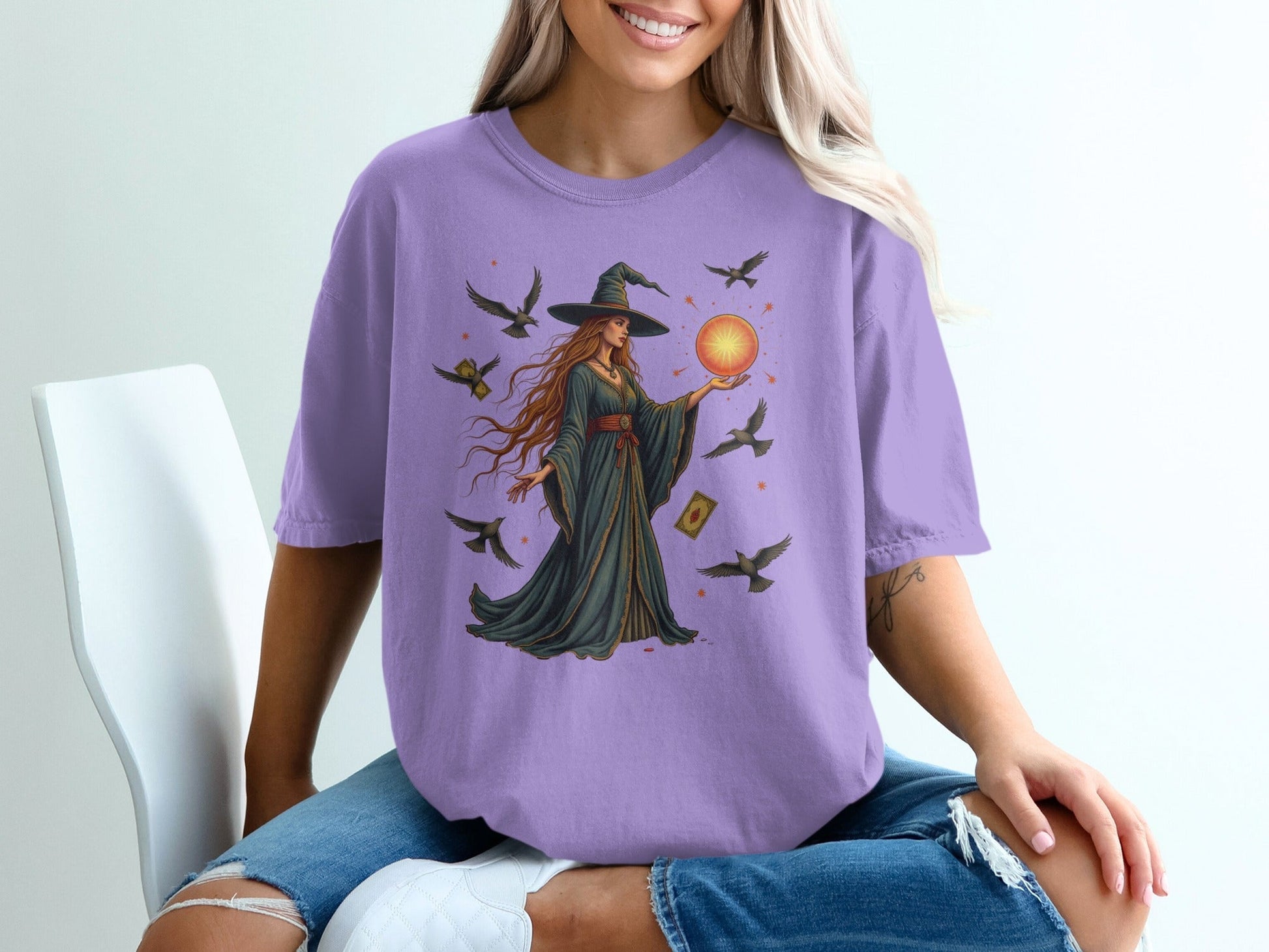 Witch with Orb and Birds Mystical Illustration Graphic T-Shirt - IconVexa