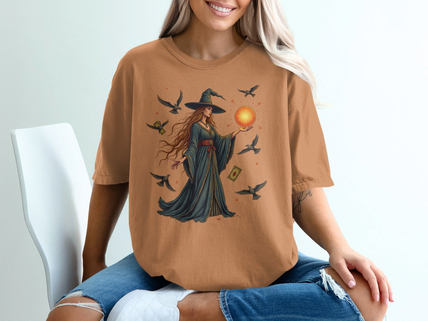 Witch with Orb and Birds Mystical Illustration Graphic T-Shirt - IconVexa