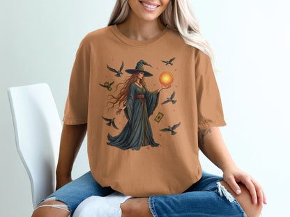 Witch with Orb and Birds Mystical Illustration Graphic T-Shirt - IconVexa