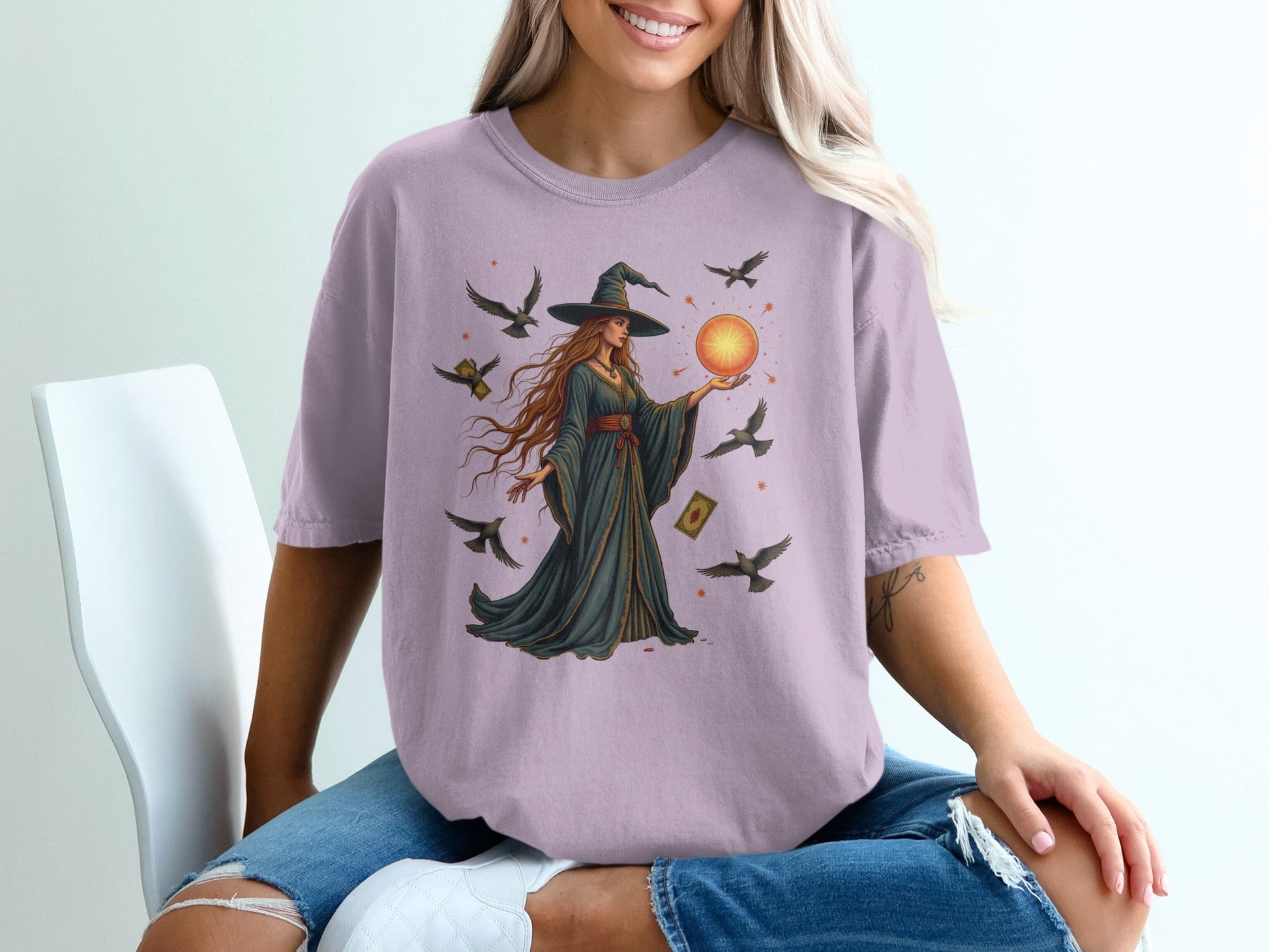 Witch with Orb and Birds Mystical Illustration Graphic T-Shirt - IconVexa