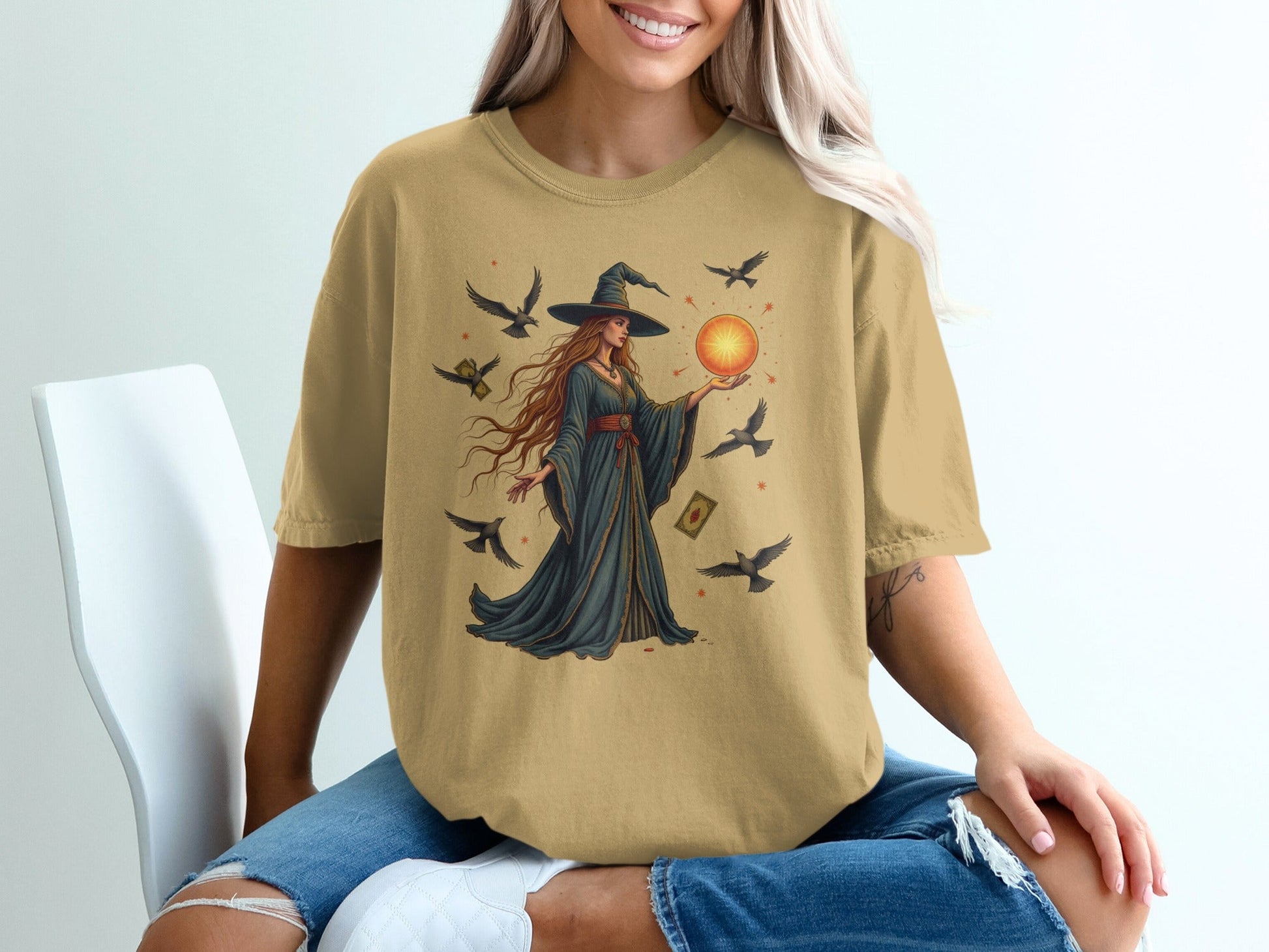 Witch with Orb and Birds Mystical Illustration Graphic T-Shirt - IconVexa