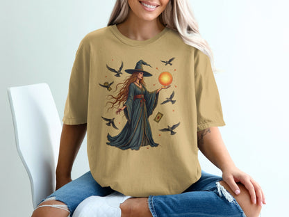 Witch with Orb and Birds Mystical Illustration Graphic T-Shirt - IconVexa