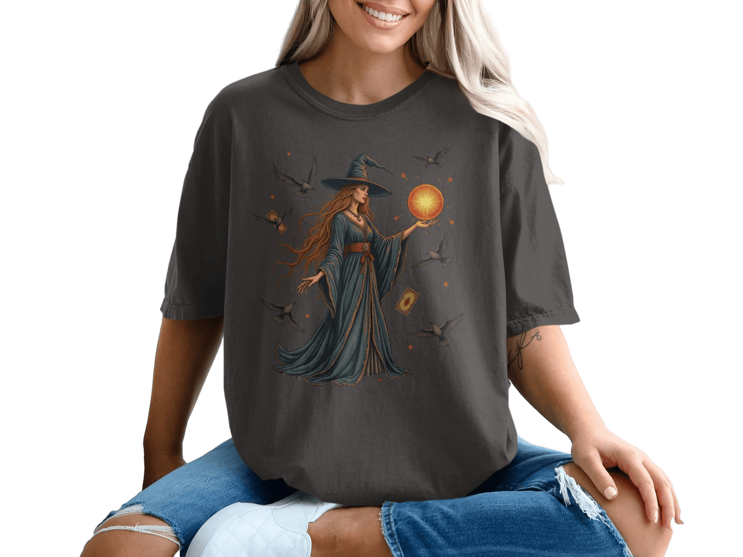 Witch with Orb and Birds Mystical Illustration Graphic T-Shirt - IconVexa