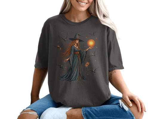 Witch with Orb and Birds Mystical Illustration Graphic T-Shirt - IconVexa