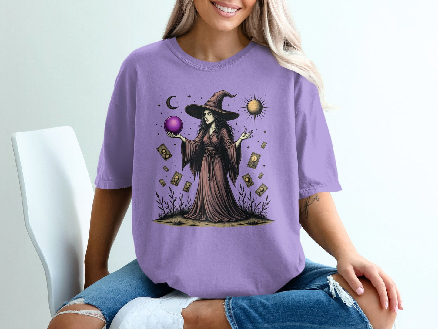Witch with the Purple Sphere Moon and Cards Art T-Shirt - IconVexa