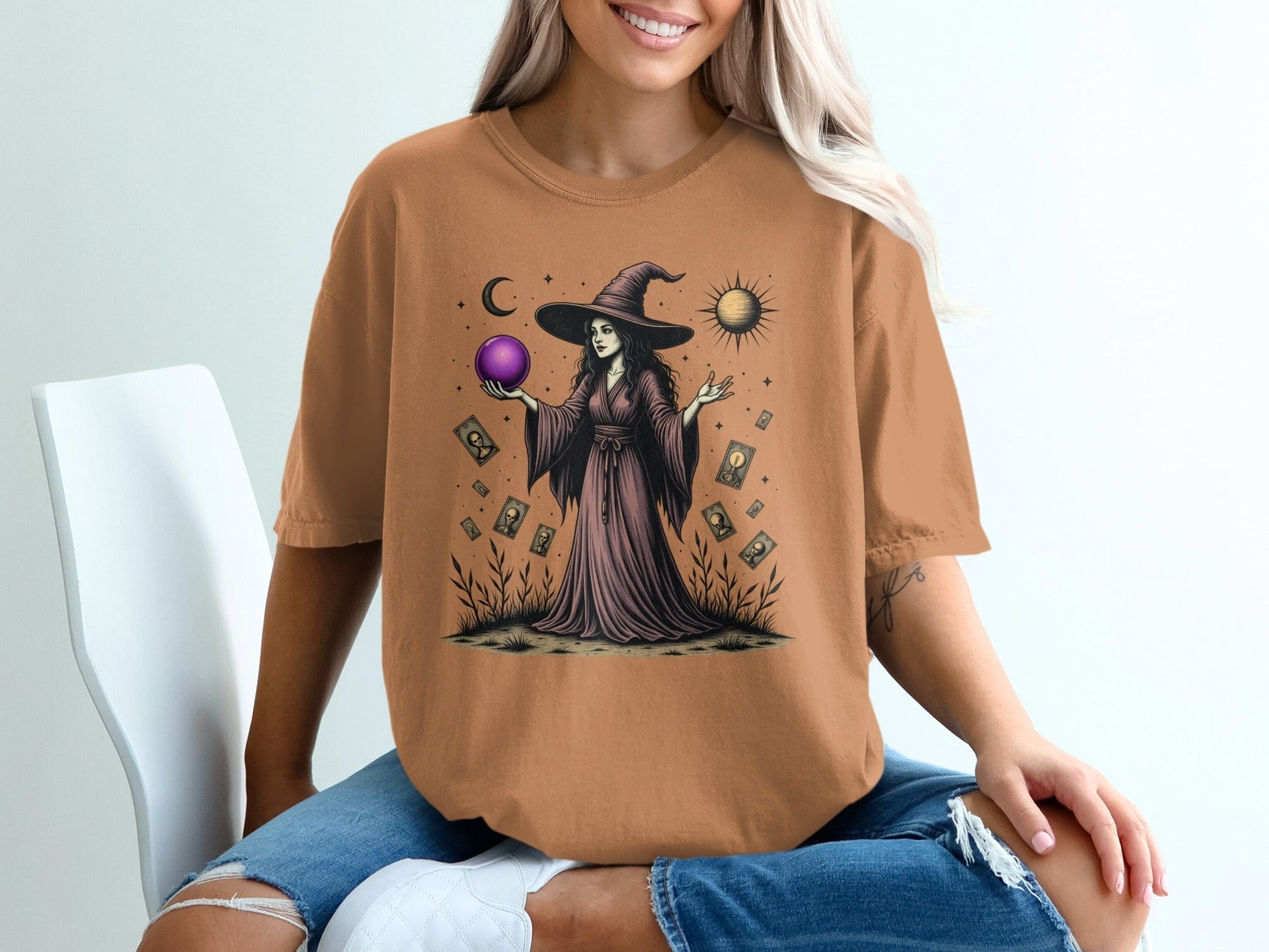 Witch with the Purple Sphere Moon and Cards Art T-Shirt - IconVexa