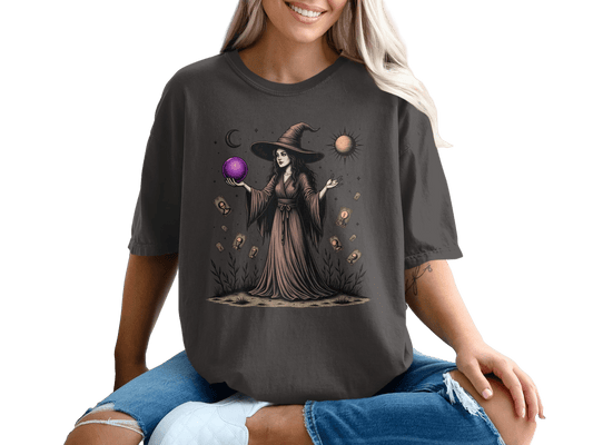 Witch with the Purple Sphere Moon and Cards Art T-Shirt - IconVexa