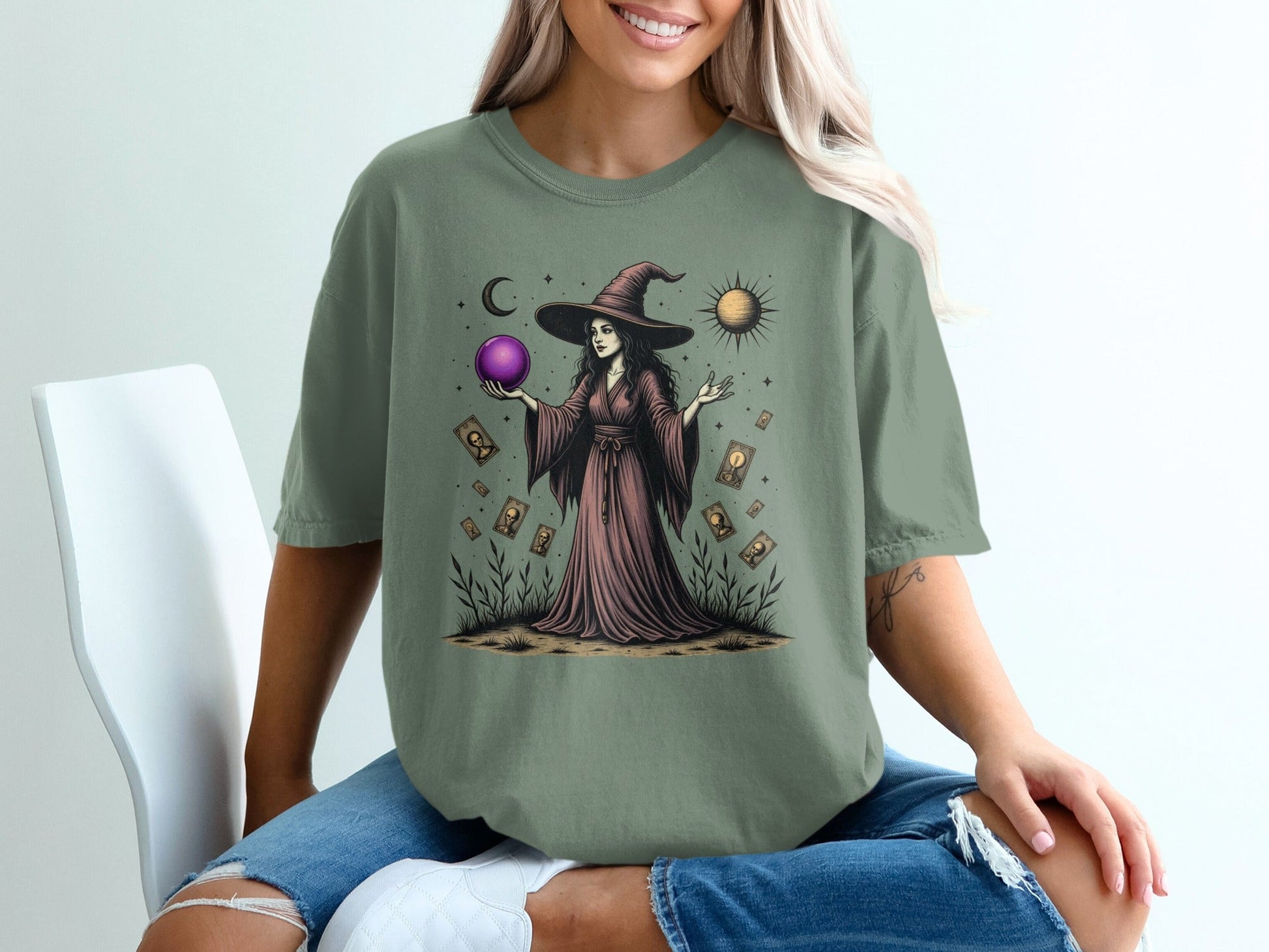 Witch with the Purple Sphere Moon and Cards Art T-Shirt - IconVexa