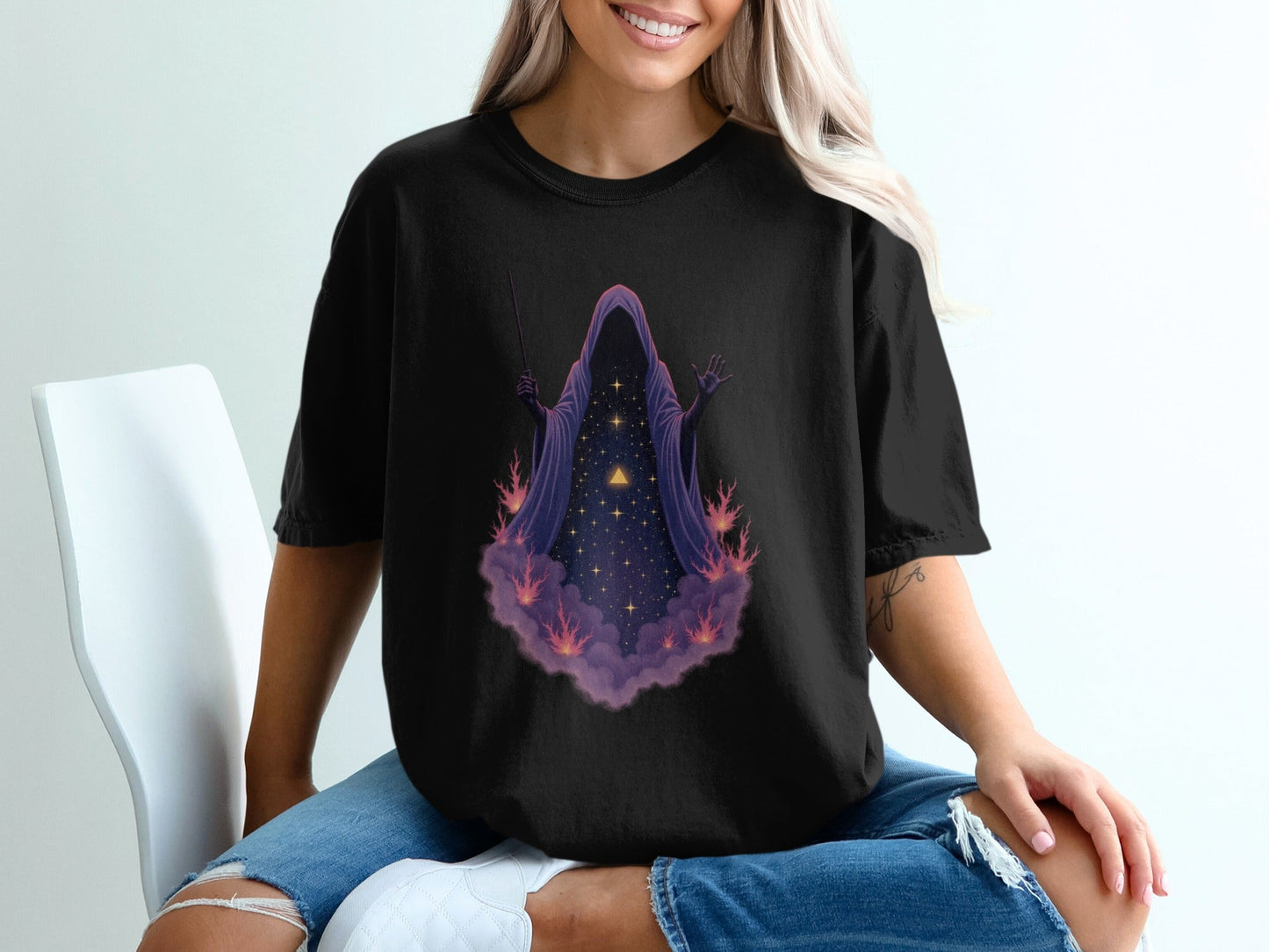 Wizard Robe On Clouds with Stars Graphic Apparel T-Shirt - IconVexa