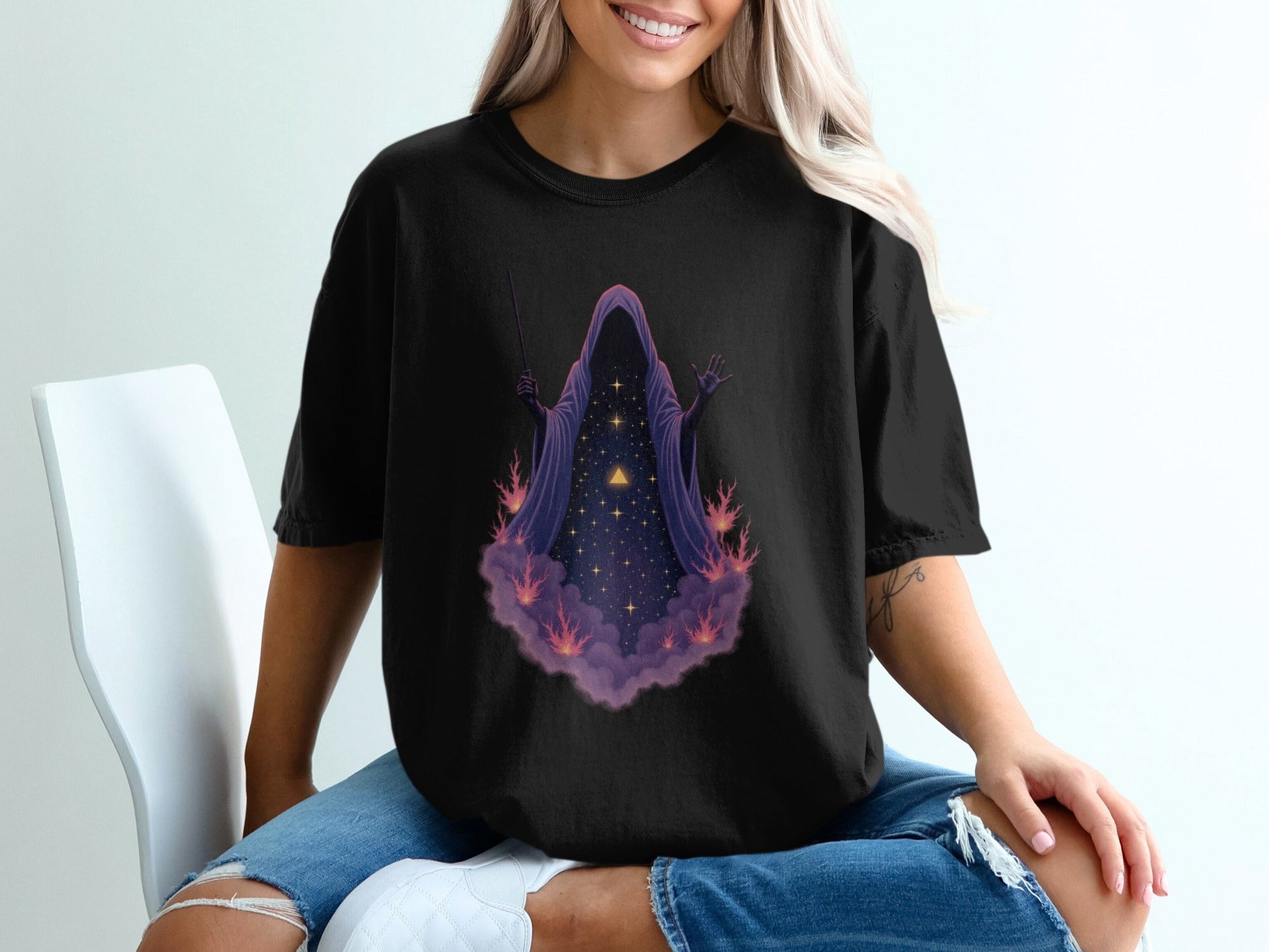 Wizard Robe On Clouds with Stars Graphic Apparel T-Shirt - IconVexa