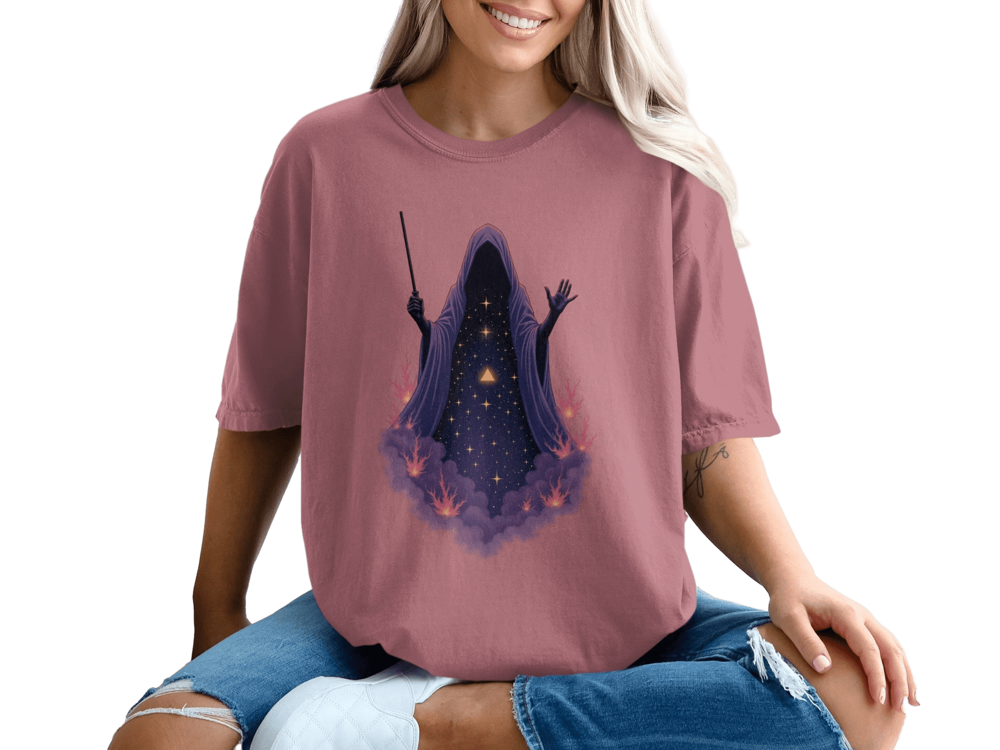 Wizard Robe On Clouds with Stars Graphic Apparel T-Shirt - IconVexa