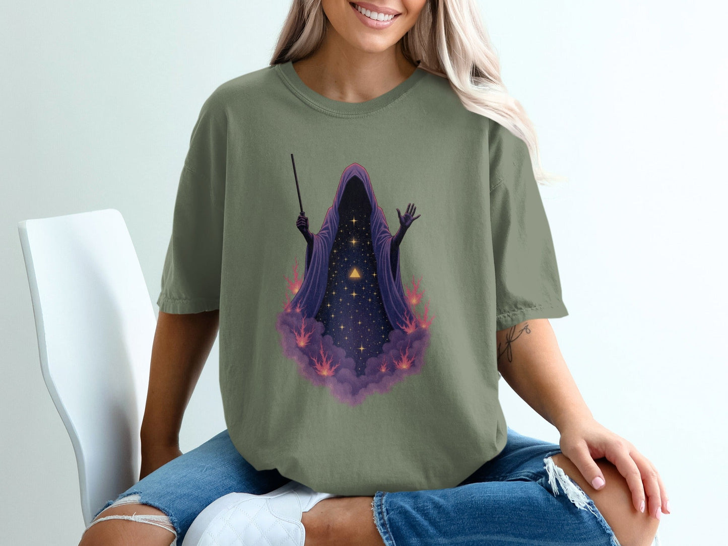 Wizard Robe On Clouds with Stars Graphic Apparel T-Shirt - IconVexa