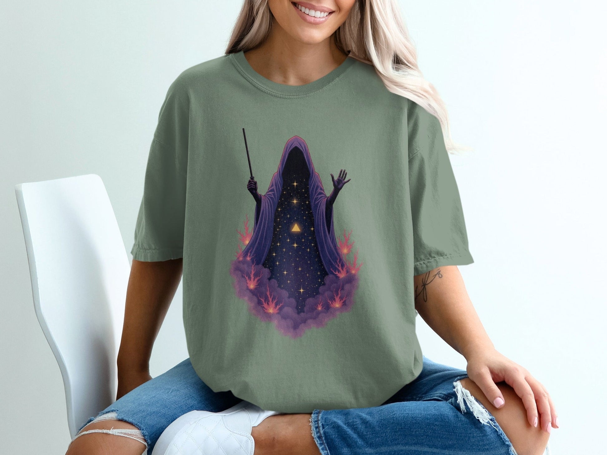 Wizard Robe On Clouds with Stars Graphic Apparel T-Shirt - IconVexa