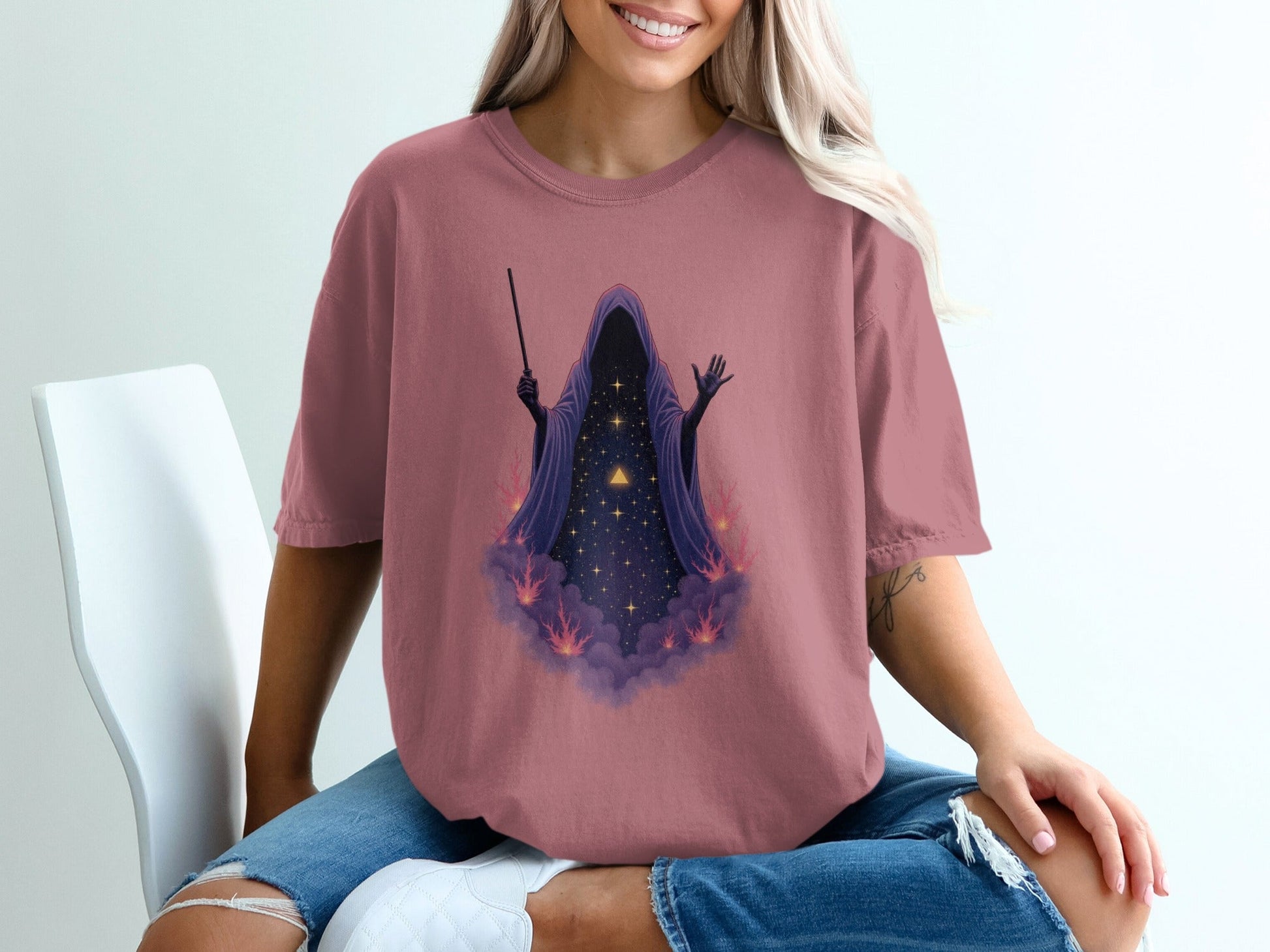 Wizard Robe On Clouds with Stars Graphic Apparel T-Shirt - IconVexa