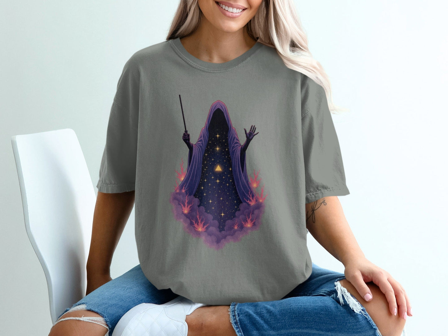 Wizard Robe On Clouds with Stars Graphic Apparel T-Shirt - IconVexa