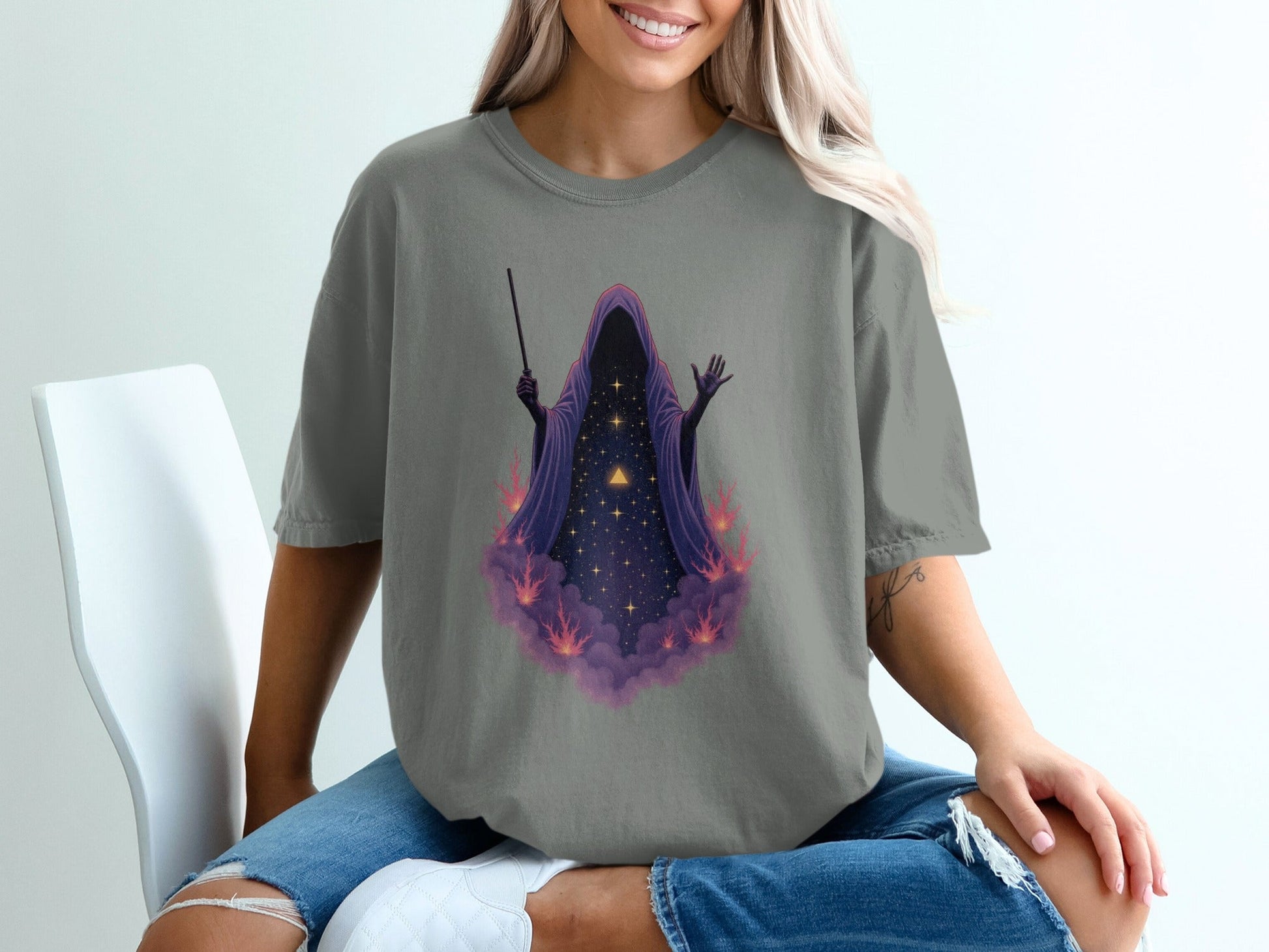 Wizard Robe On Clouds with Stars Graphic Apparel T-Shirt - IconVexa
