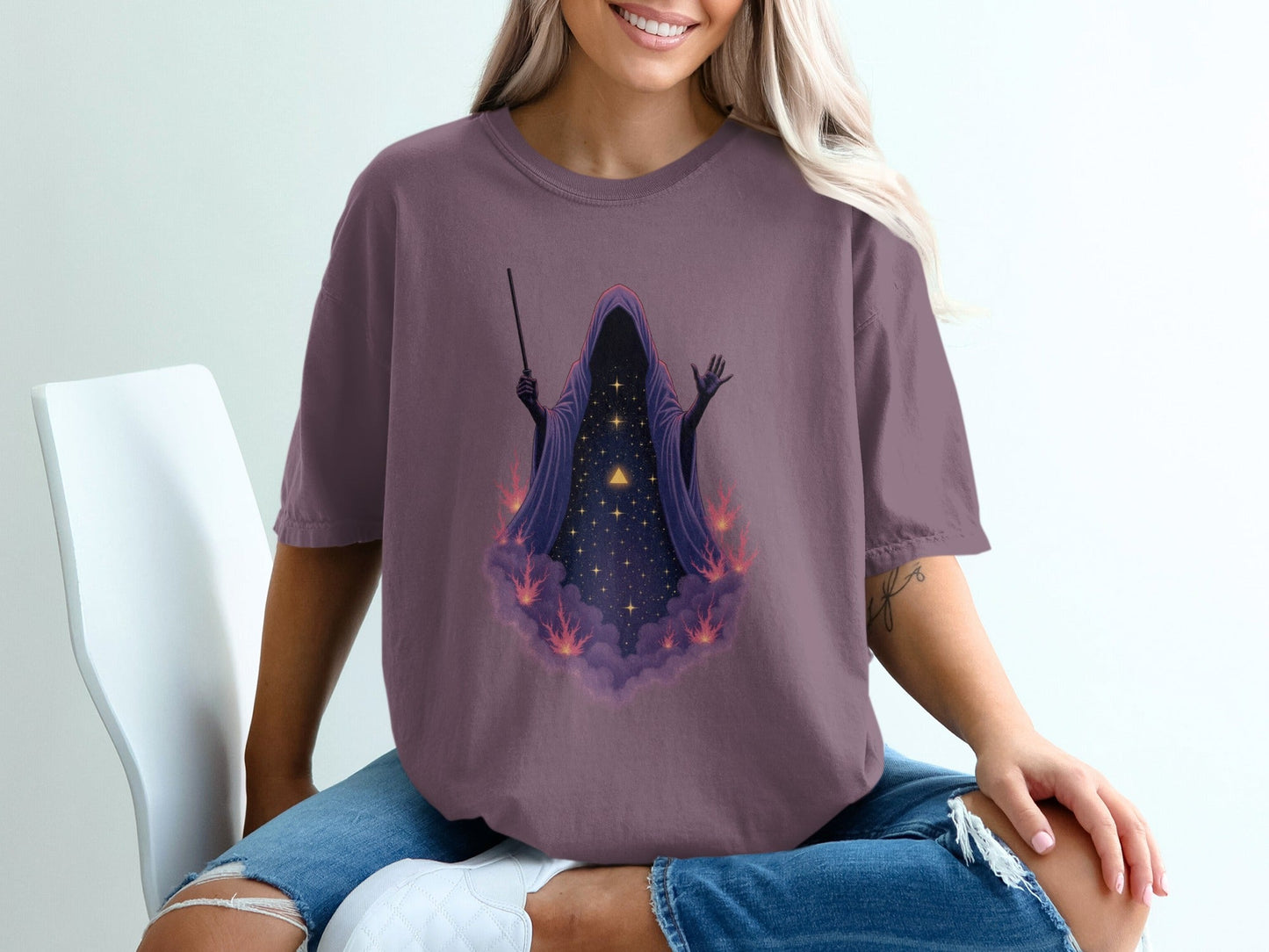 Wizard Robe On Clouds with Stars Graphic Apparel T-Shirt - IconVexa