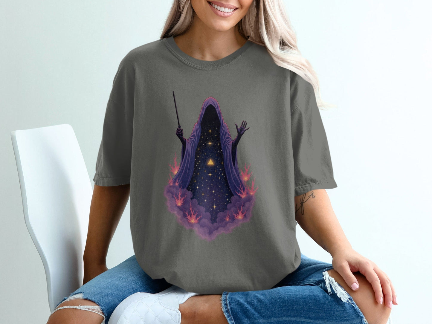 Wizard Robe On Clouds with Stars Graphic Apparel T-Shirt - IconVexa