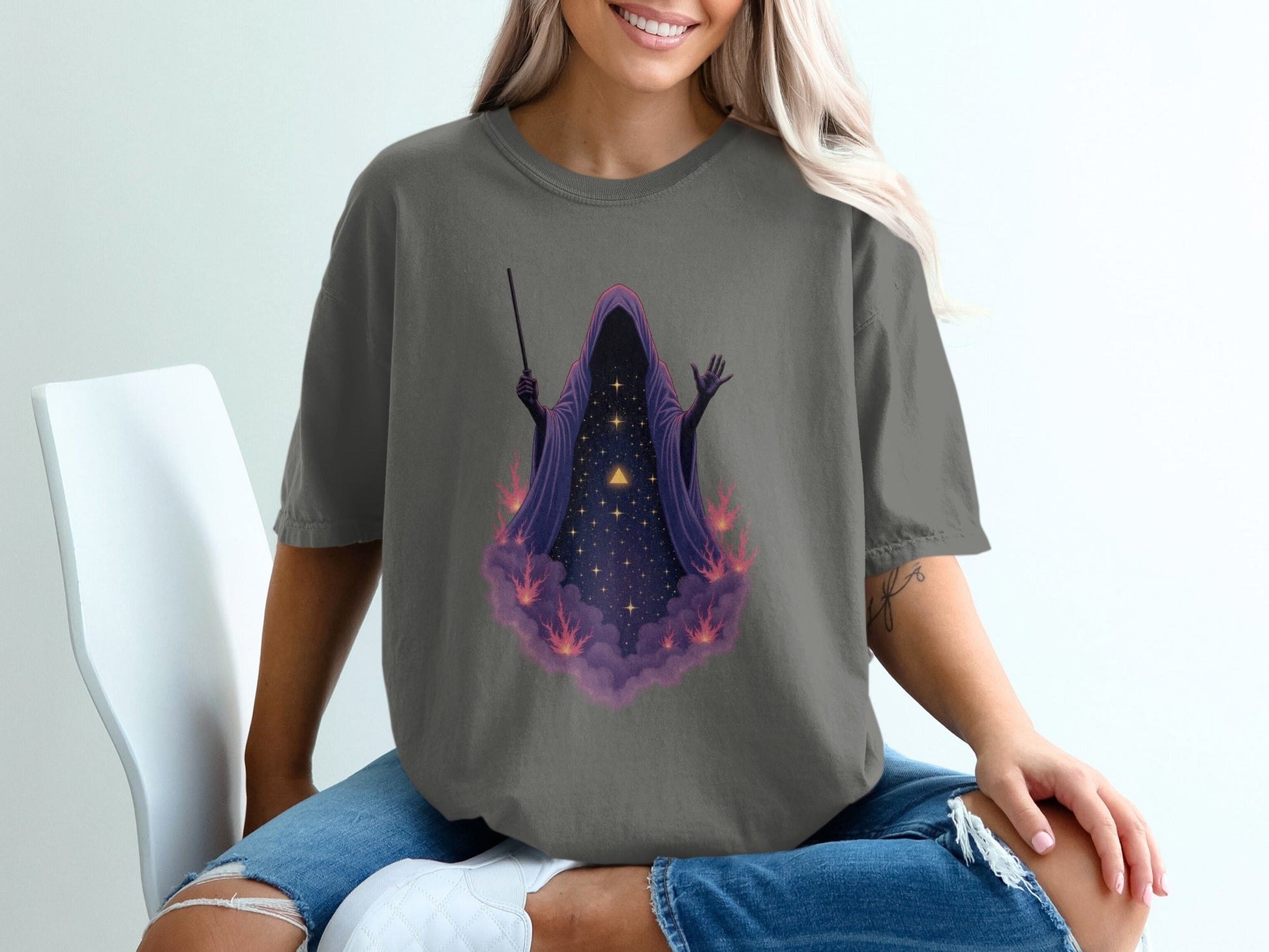 Wizard Robe On Clouds with Stars Graphic Apparel T-Shirt - IconVexa