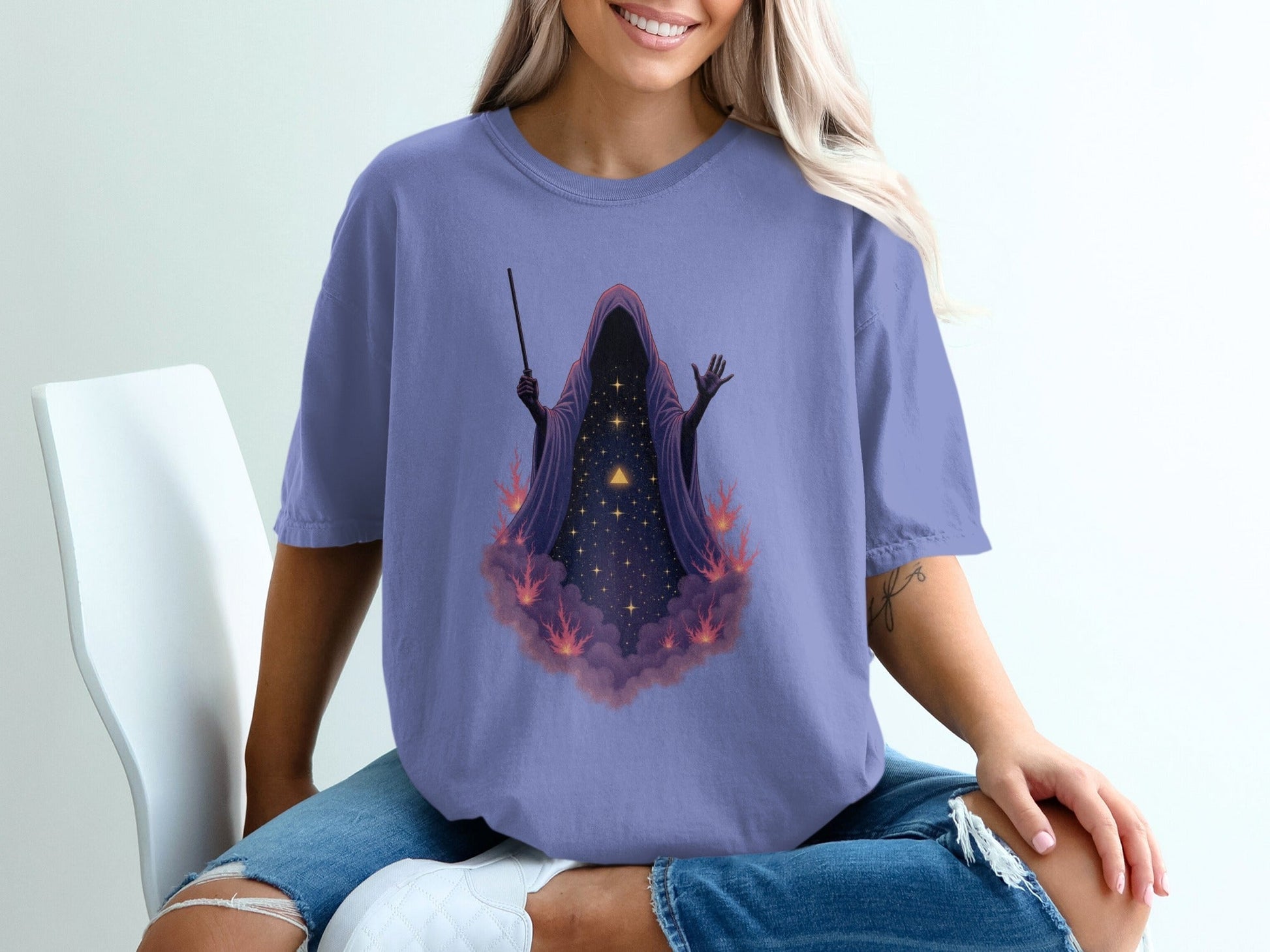 Wizard Robe On Clouds with Stars Graphic Apparel T-Shirt - IconVexa
