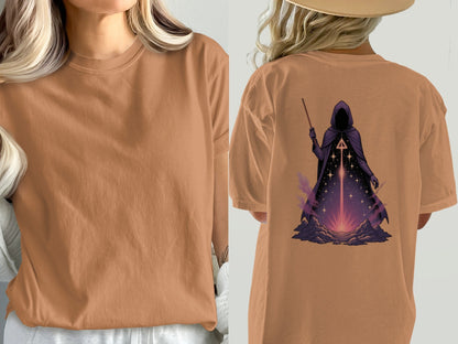 Wizard T-Shirt, Magical T-Shirt, Sorcerer T-Shirt, Fantasy T-Shirt, Hooded Figure T-Shirt, Stars T-Shirt, Occult T-Shirt, Trendy Shirt - IconVexa