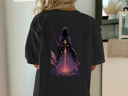 Wizard T-Shirt, Magical T-Shirt, Sorcerer T-Shirt, Fantasy T-Shirt, Hooded Figure T-Shirt, Stars T-Shirt, Occult T-Shirt, Trendy Shirt - IconVexa