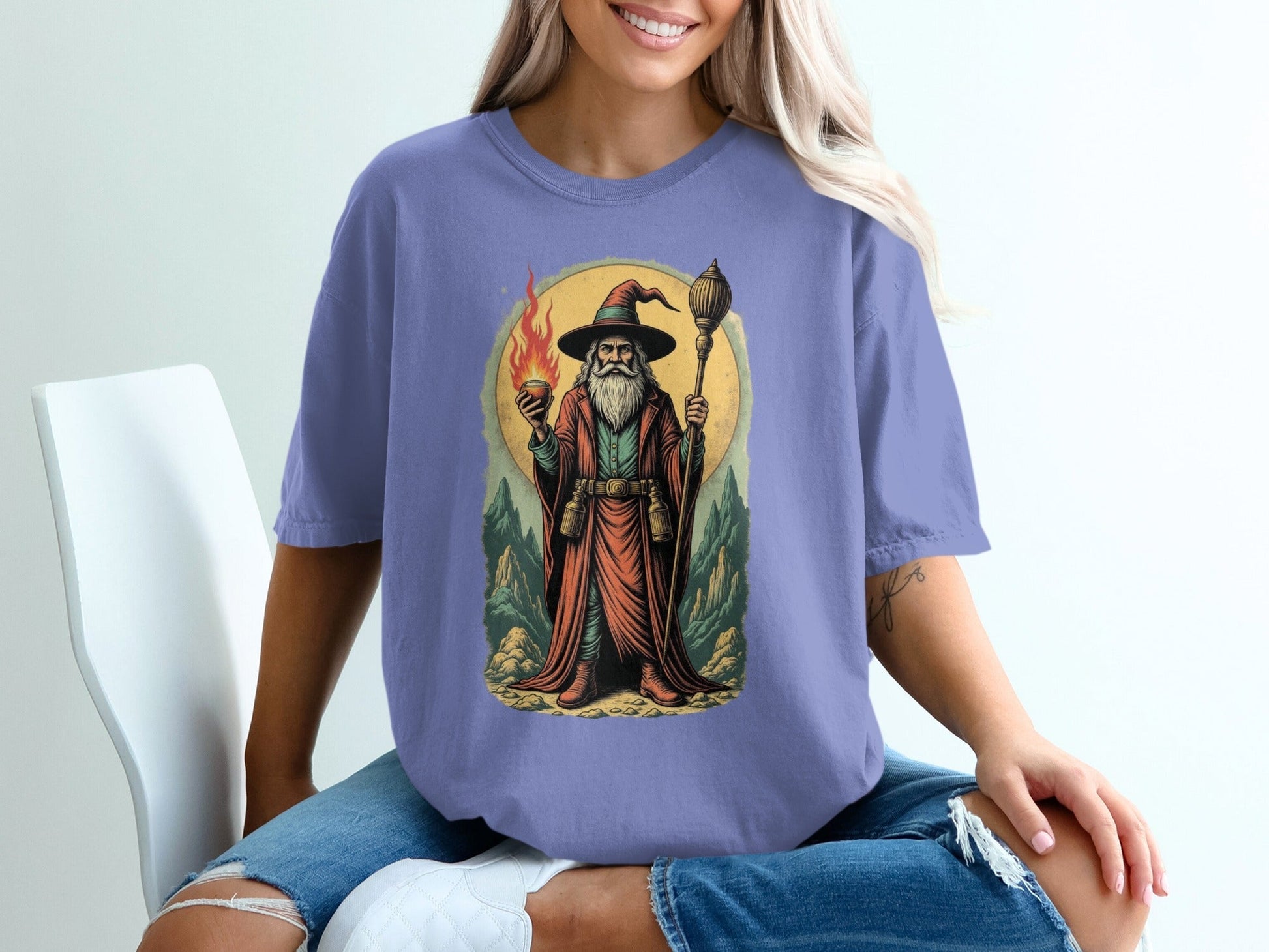 Wizard With Fire And Lamp Artistic Print Design T-Shirt - IconVexa