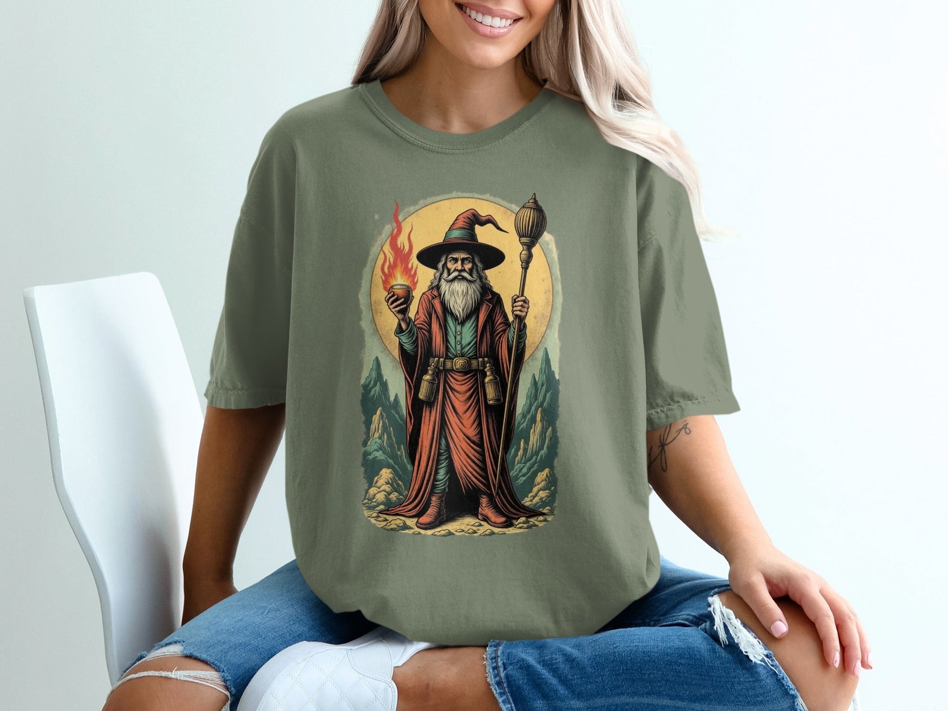 Wizard With Fire And Lamp Artistic Print Design T-Shirt - IconVexa