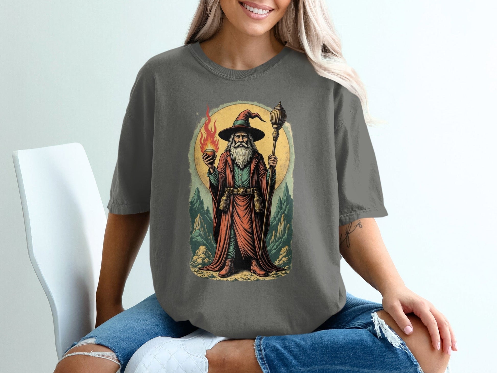 Wizard With Fire And Lamp Artistic Print Design T-Shirt - IconVexa