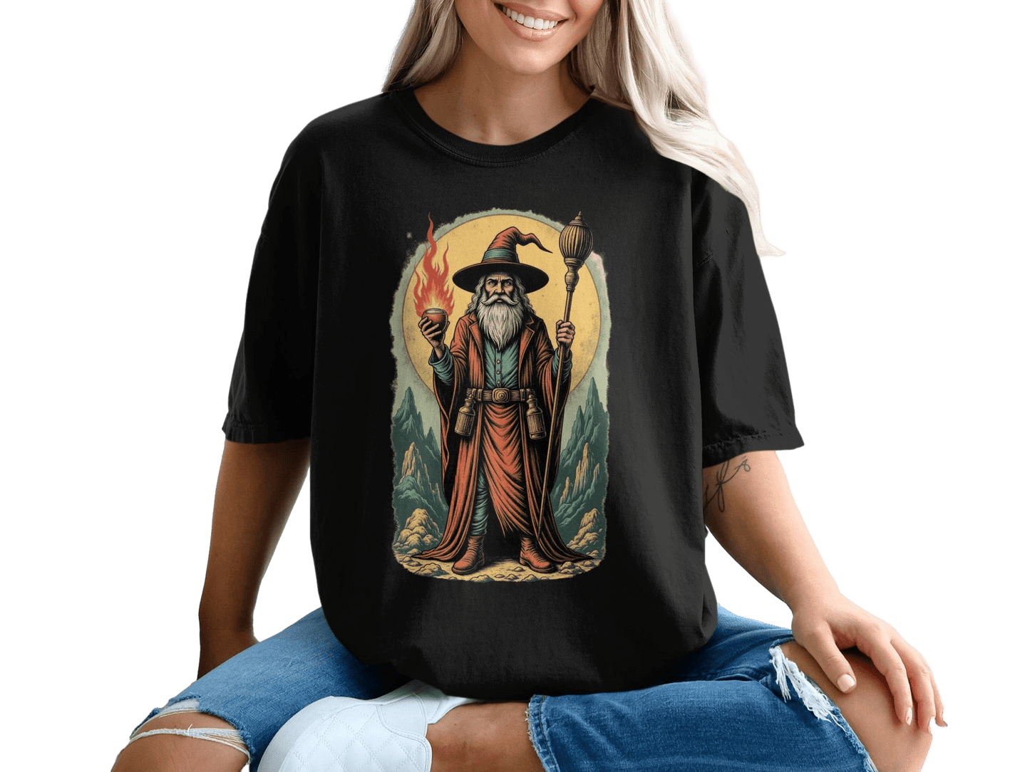 Wizard With Fire And Lamp Artistic Print Design T-Shirt - IconVexa