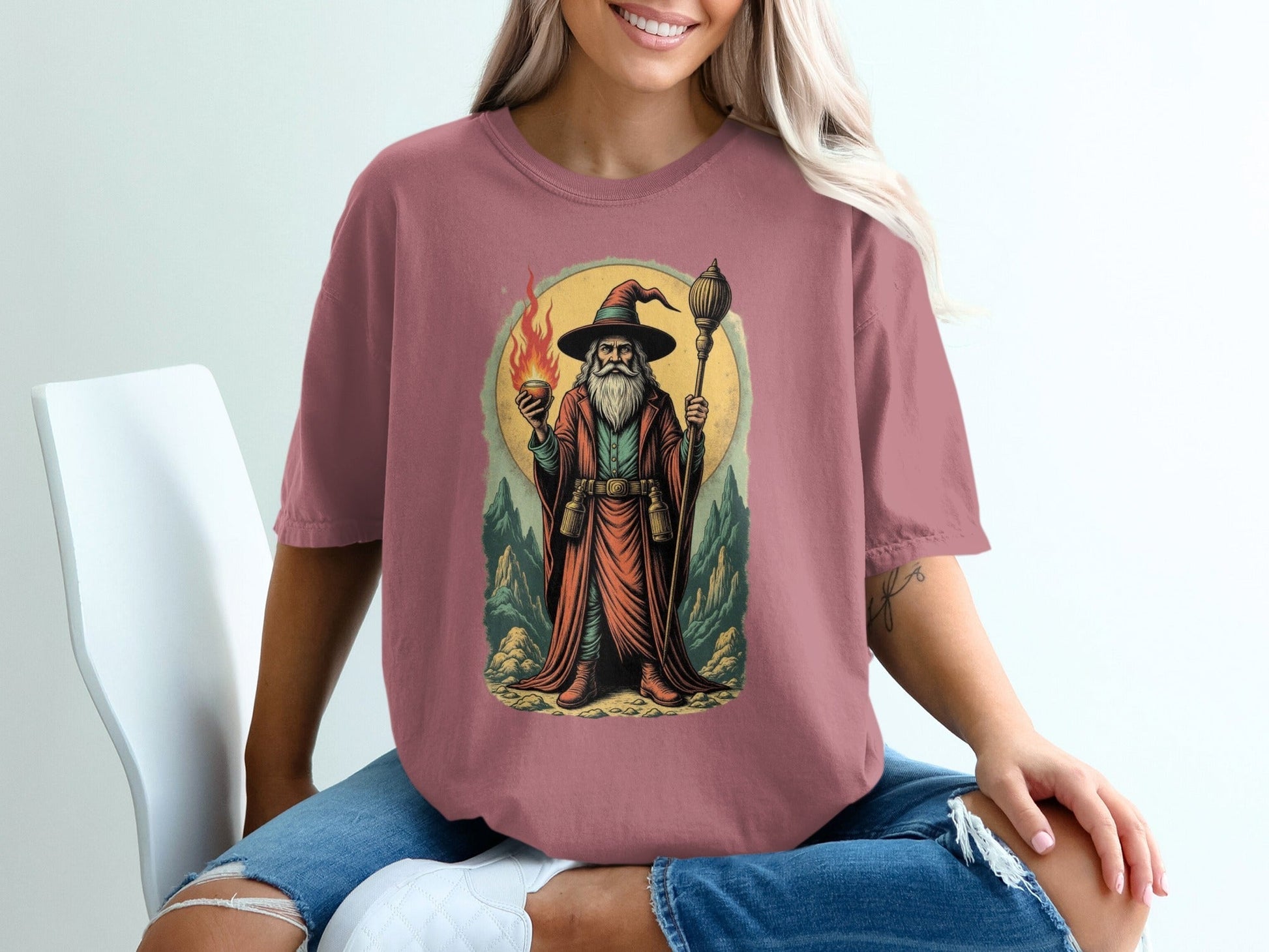 Wizard With Fire And Lamp Artistic Print Design T-Shirt - IconVexa