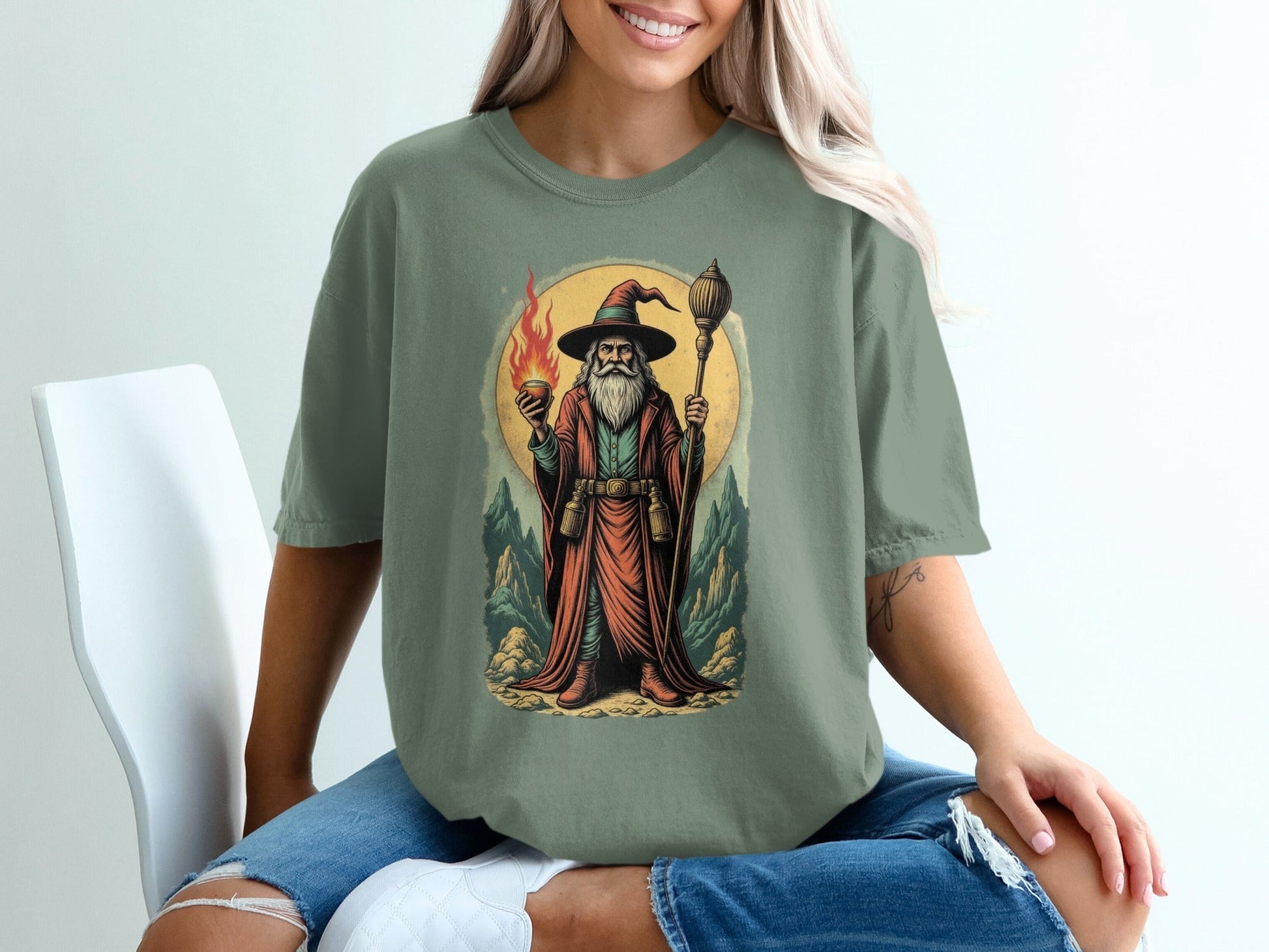 Wizard With Fire And Lamp Artistic Print Design T-Shirt - IconVexa