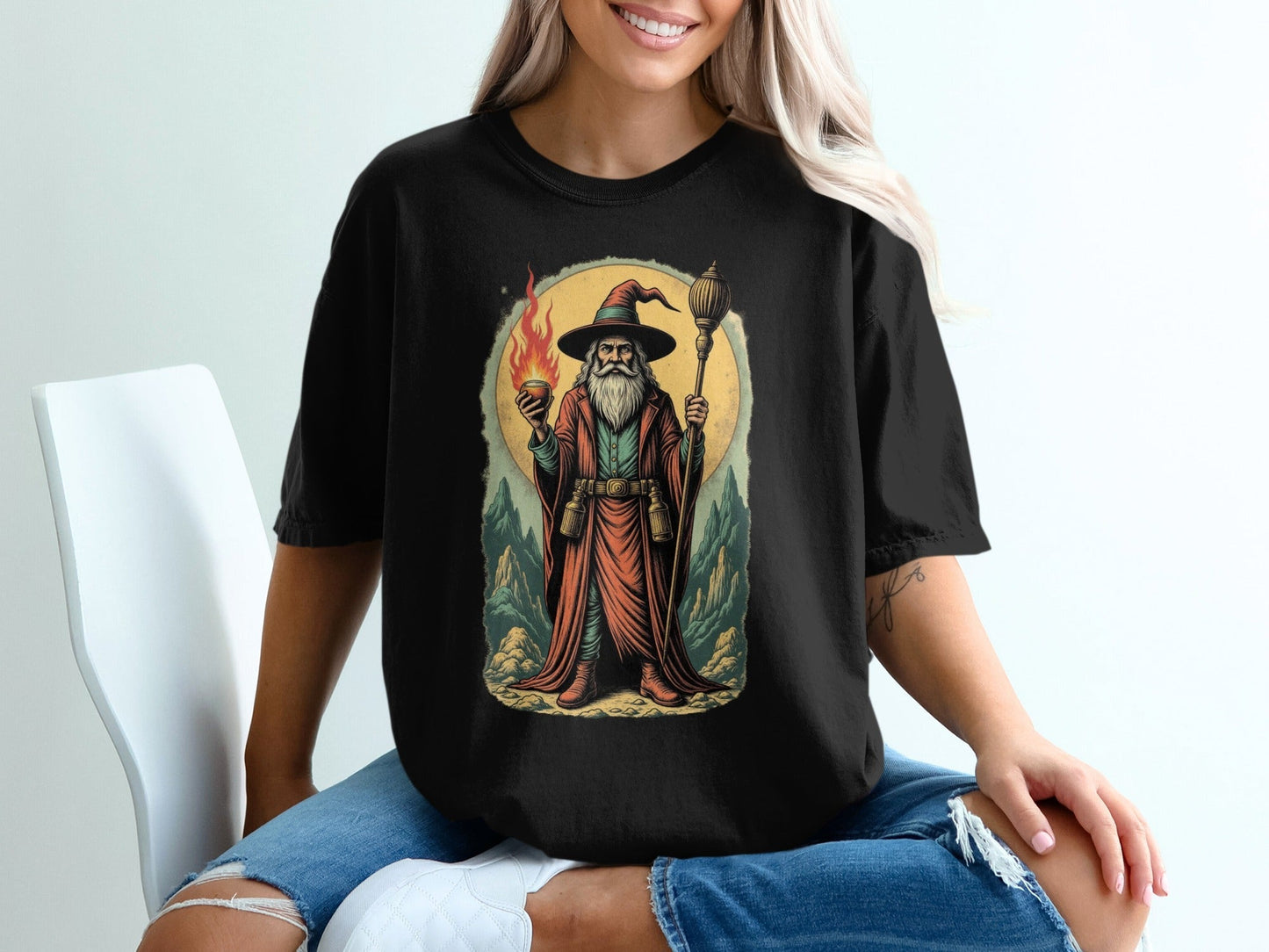 Wizard With Fire And Lamp Artistic Print Design T-Shirt - IconVexa