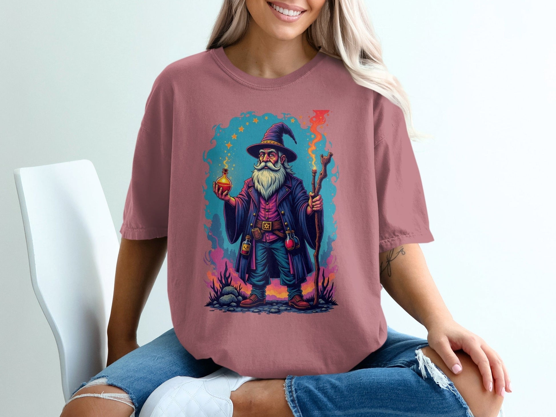 Wizard with Potion and Staff Fantasy Art Graphic T-Shirt - IconVexa