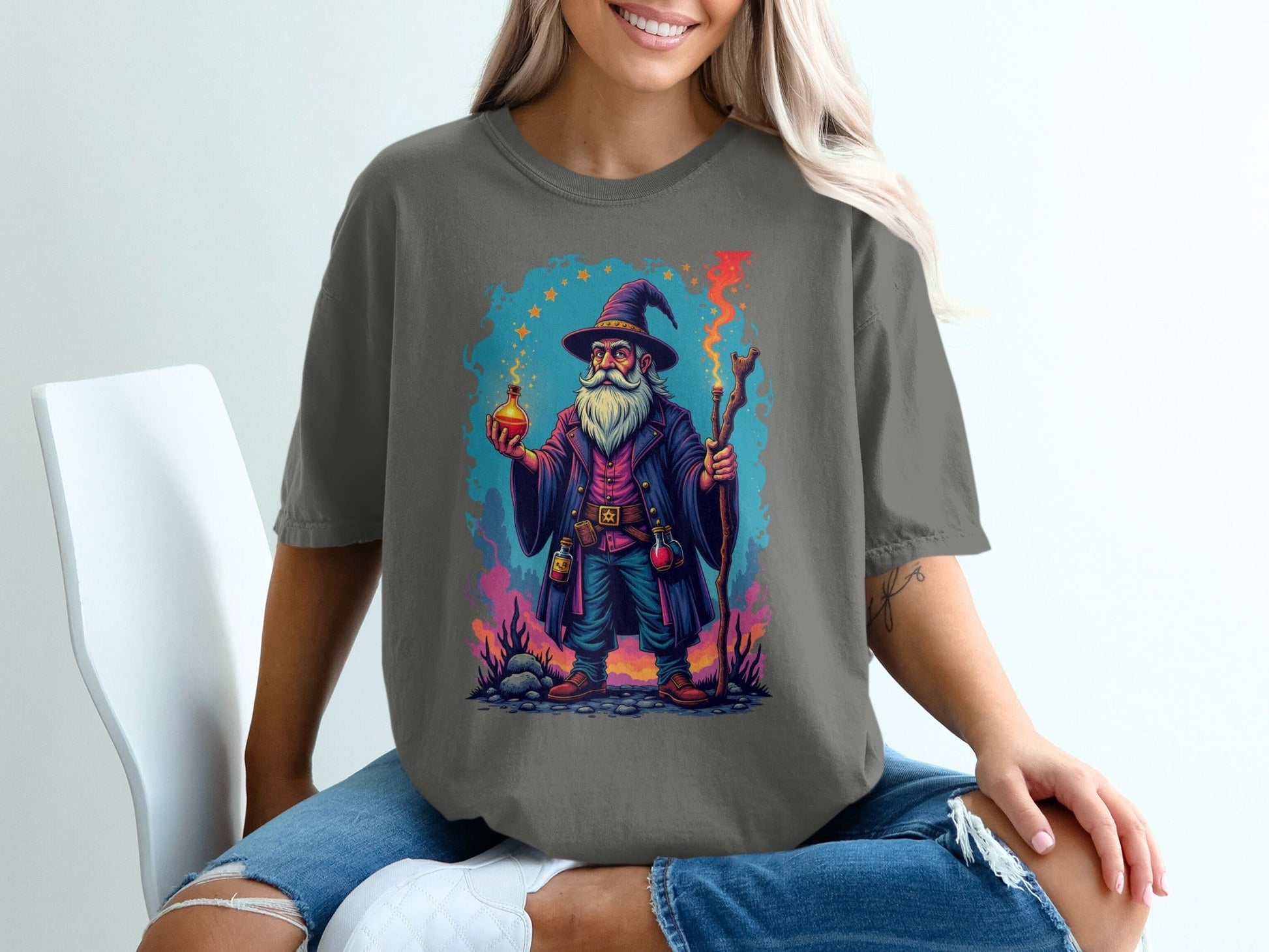 Wizard with Potion and Staff Fantasy Art Graphic T-Shirt - IconVexa